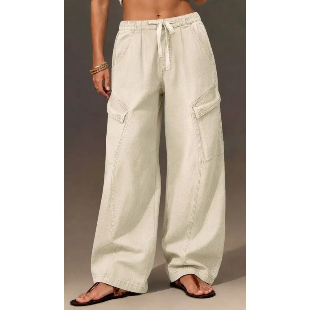 Flamingals Solid Flap Pocket Drawstring Mid Waist Wide Leg Cargo Pants Beige S